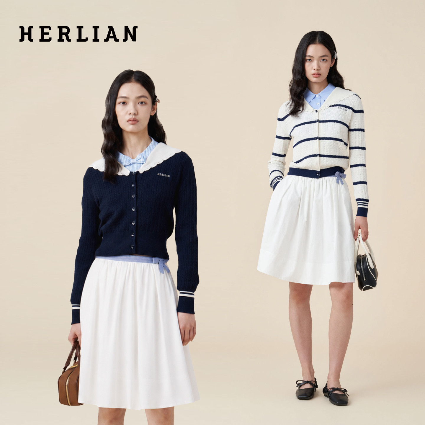 HERLIAN 2026年秋季新品女士撞色复古海军领长袖学院风针织开衫