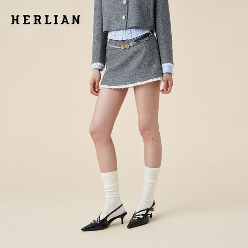 HERLIAN小香风粗花呢拼蕾丝短裙