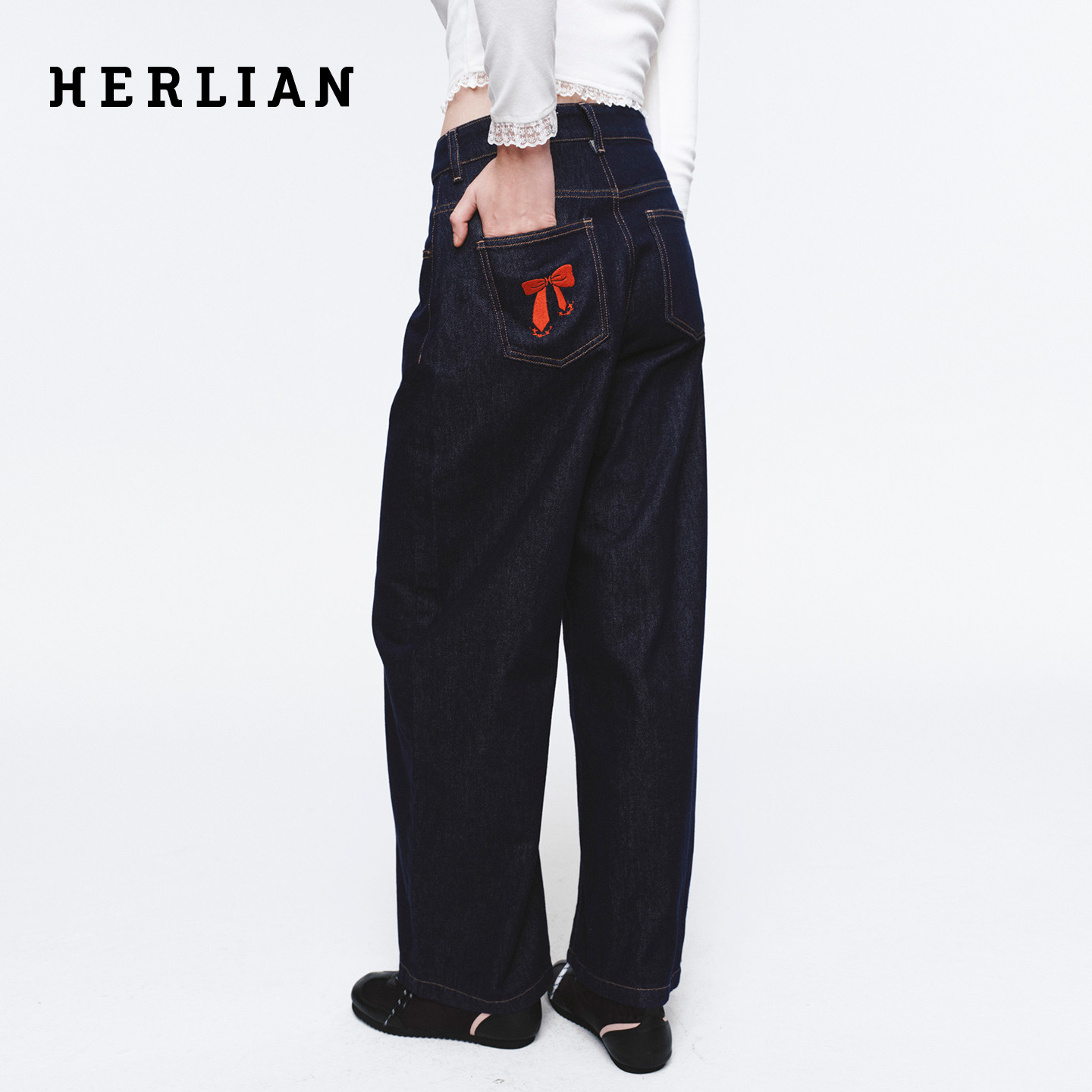 HERLIAN 女士宽松阔腿牛仔裤绣蝴蝶结休闲裤显瘦弯刀裤