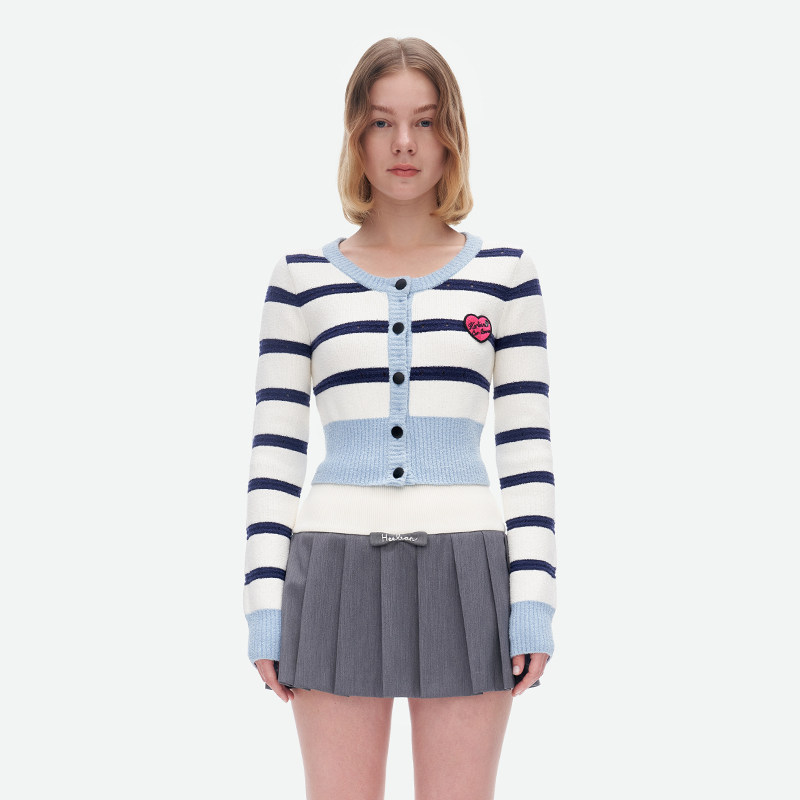 HERLIAN 春夏新款 爱心LOGO条纹毛织开衫针织蓝白女条纹外套