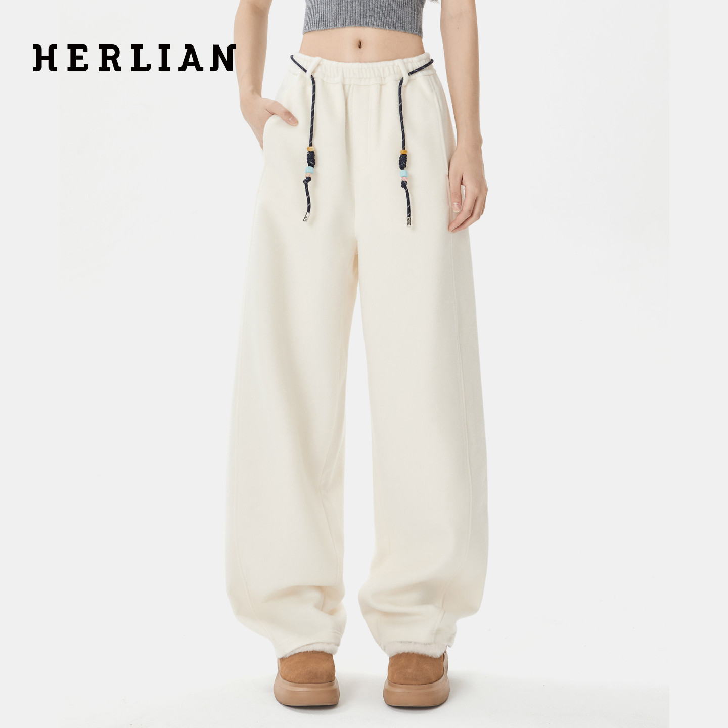HERLIAN 秋冬新品腰部抽绳设计米白色毛呢休闲卫裤阔腿裤女