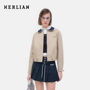 HERLIAN 2026年春季新品波点撞色娃娃领女士百搭插肩袖夹克外套