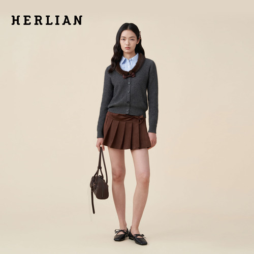 HERLIAN高腰蝴蝶结百褶短裙