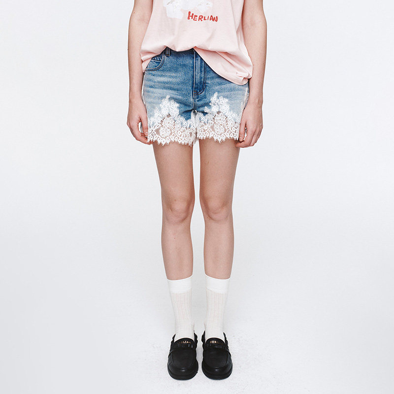 HERLIAN 2025夏季新品女士蕾丝拼接设计牛仔短裤高腰显瘦休闲裤子,女装/女士精品,牛仔裤,淘宝优惠券,粉丝福利购,淘宝优惠卷