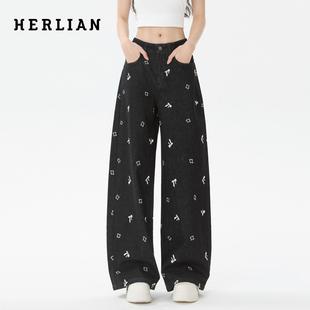 HERLIAN 2025秋冬新品刺绣直筒牛仔裤