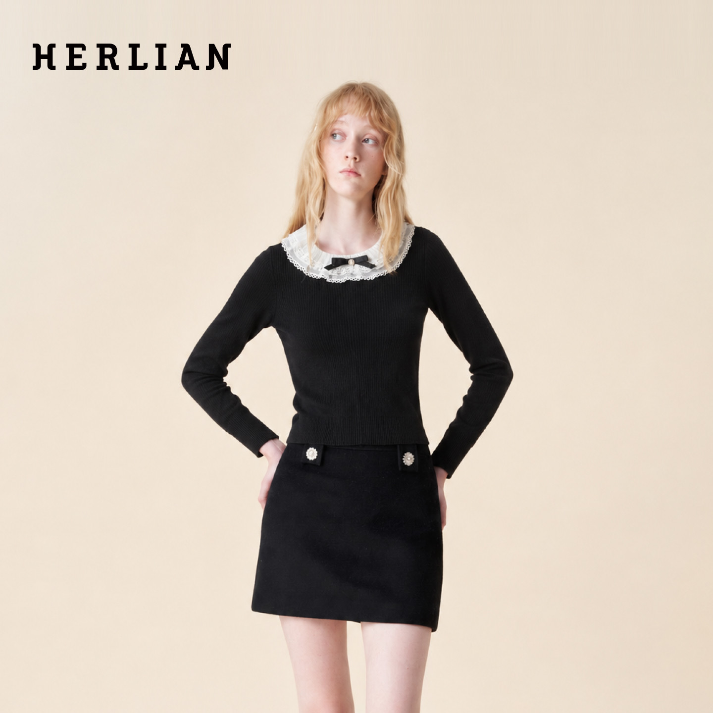 HERLIAN 2026年冬季新品蝴蝶结蕾丝甜美圆领针织衫女士修身打底衫