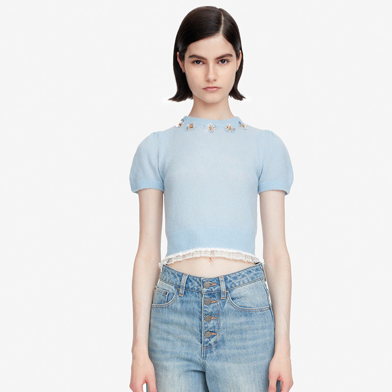 herlian绵羊毛钉珠立体花圆领