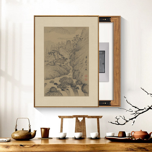电表箱装饰画新中式山水配电箱竖版强弱电箱免打孔推拉电闸盒挂画