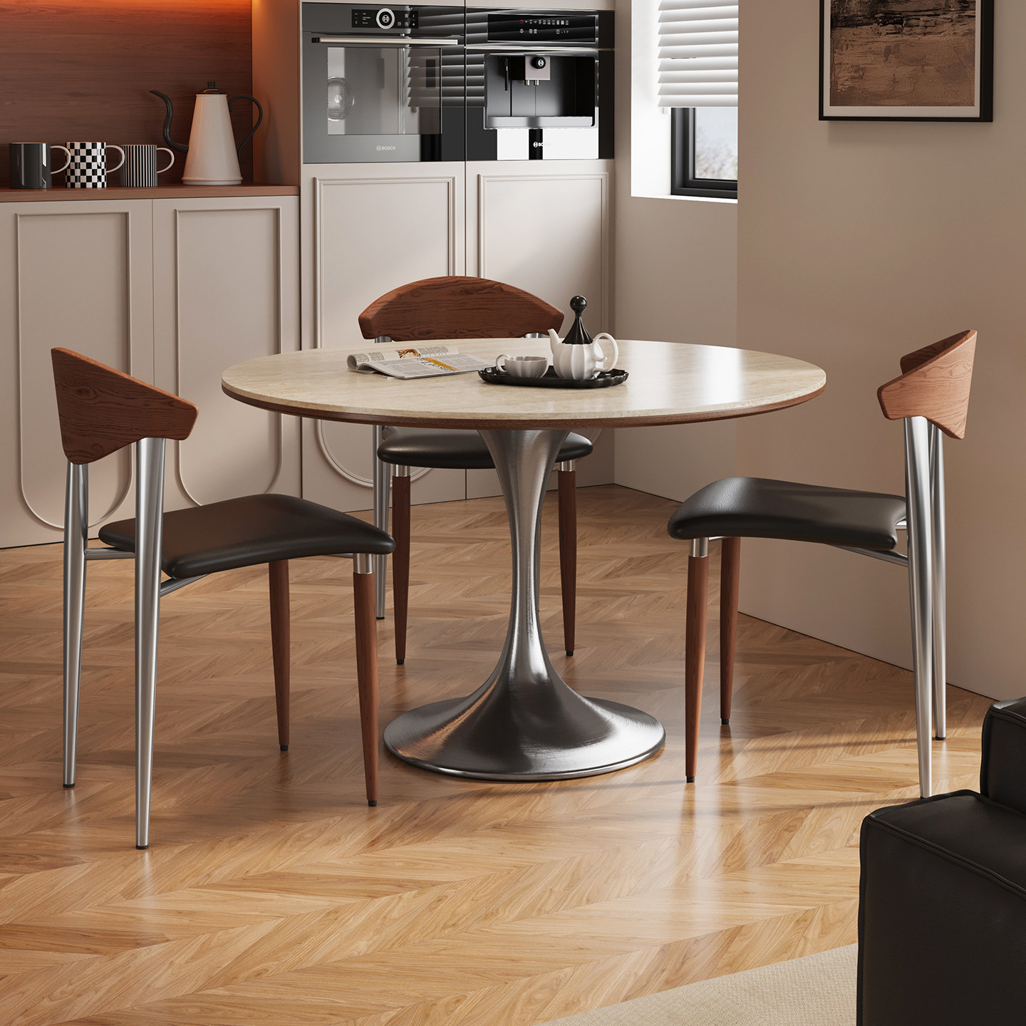 北欧复古简约家用实木岩板餐桌小户型设计师郁金香轻奢圆桌