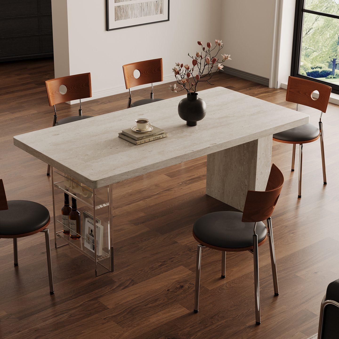 现代简约家用小户型一桌四椅组合悬浮亚克力洞石岩板餐桌长方形桌