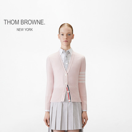 [12期免息][典彩系列]THOM BROWNE女士新品经典V领羊绒四条纹开衫