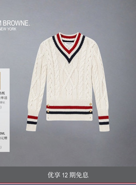 [12期免息]THOM BROWNE 女士经典V领羊绒针织毛衣套头衫