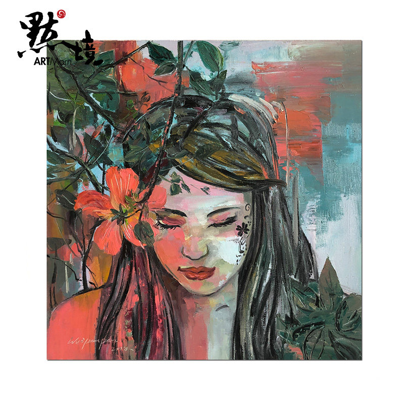 默境 魏盼盼原作布面油画花与女孩花卉艺术家亲笔签名客厅装饰画