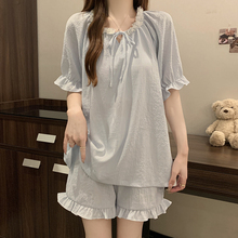 短袖睡衣女款夏季云朵棉2025新款女士简约公主风蓝色带胸垫两件套
