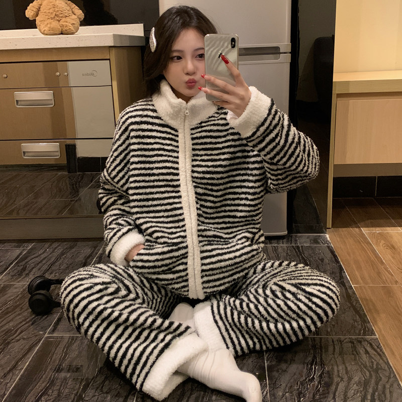 高级感条纹半边绒睡衣女秋冬季新款加厚珊瑚绒保暖拉链家居服套装,女士内衣/男士内衣/家居服,睡衣/家居服套装,淘宝优惠券,粉丝福利购,淘宝优惠卷
