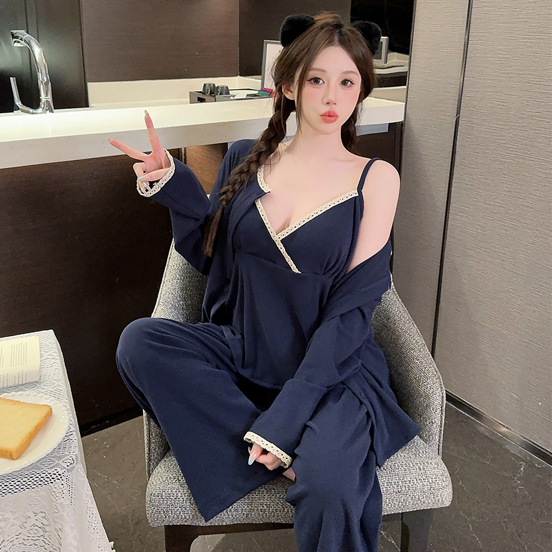 韩系ins睡衣女款秋冬季蓝色