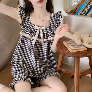 性感吊带短裤 睡衣女夏季 带胸垫纯棉甜美黑色格子蝴蝶结家居服套装