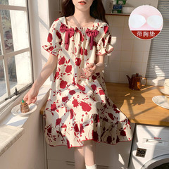 韩系ins高级感睡衣睡裙女夏季薄款带胸垫纯棉红色花朵短袖连衣裙