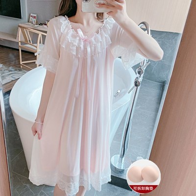 睡裙女夏季莫代尔网纱带胸垫睡衣