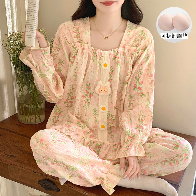 甜美碎花睡衣女春秋季云朵棉2025新款公主风带胸垫长袖家居服套装,女士内衣/男士内衣/家居服,睡衣/家居服套装,淘宝优惠券,粉丝福利购,淘宝优惠卷