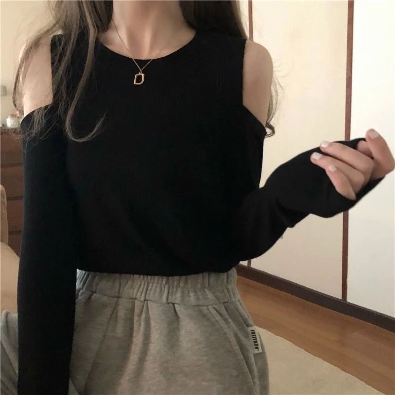 黑色露肩上衣女大码长袖t