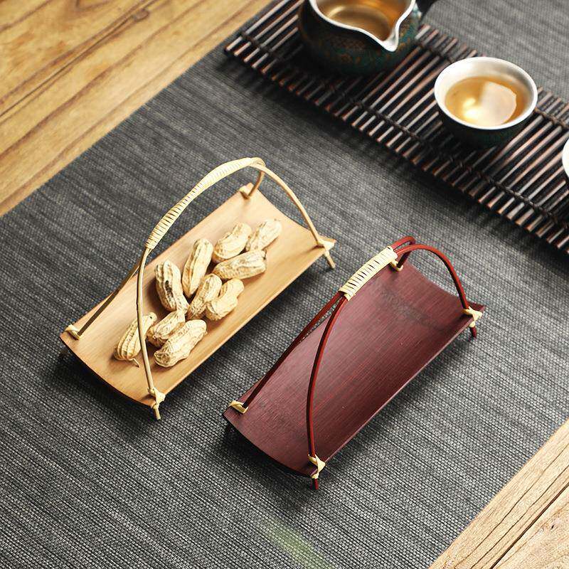 竹QBG制手工台婚庆糕点摆复古式意茶点盘水果篮家用小托中盘小提