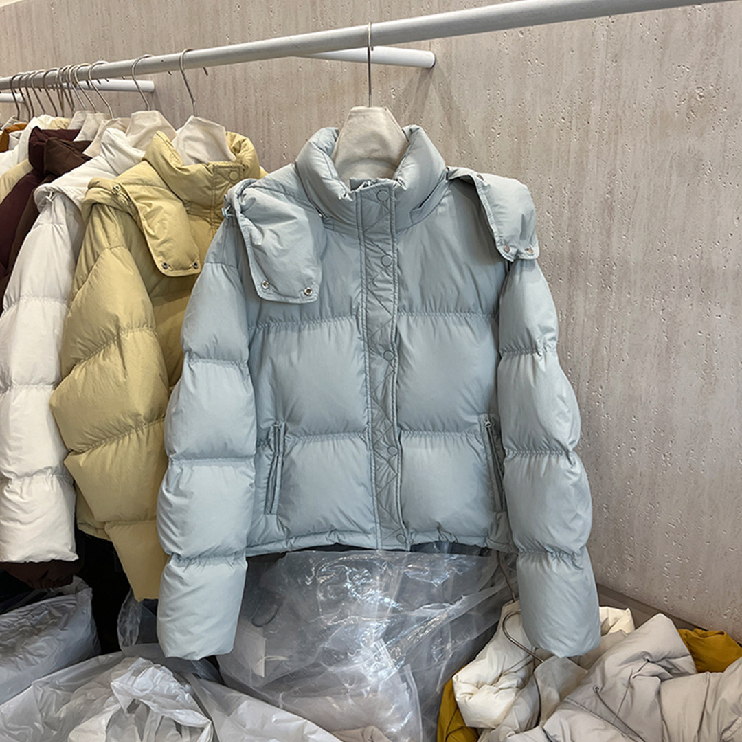 韩系浅蓝色短款白鸭绒连帽羽绒服女2024冬新款气质小个子保暖外套