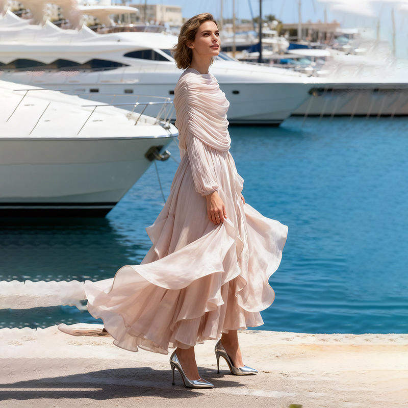 裸粉高定礼服裙边长裙2025冬季垂坠感荷叶边连衣裙女宫廷风喇叭袖,女装/女士精品,连衣裙,淘宝优惠券,粉丝福利购,淘宝优惠卷