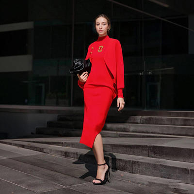 慵懒优雅金属装饰蝙蝠袖针织弹力加大长裙2025秋季纯色连衣裙单件