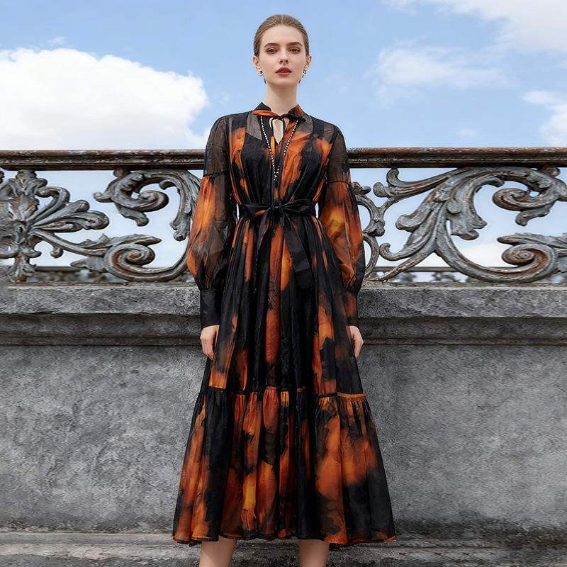 时尚印花高级感长裙子2025秋季海边度假风宽松舒适连衣裙女灯笼袖,女装/女士精品,连衣裙,淘宝优惠券,粉丝福利购,淘宝优惠卷