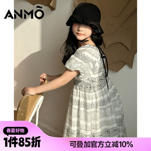 連衣裙2024夏新款 ANMO安墨女寶短袖 女童泡泡袖 專柜款 復(fù)古裙