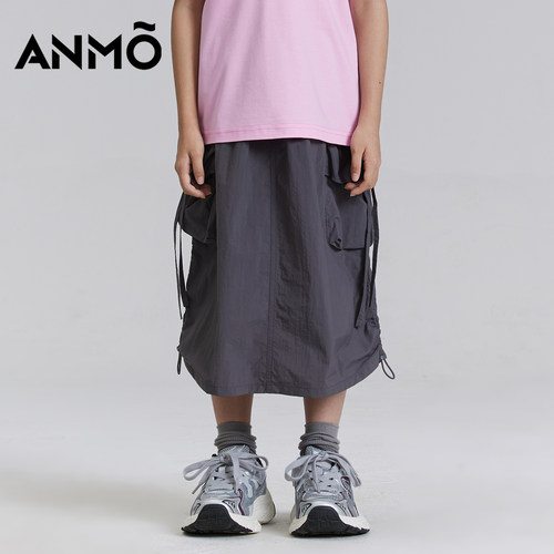 ANMO安墨女童A字裙休闲时尚简约大口袋春季新款中大童工装风裙装