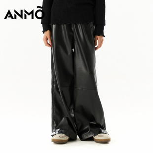 ANMO安墨女童皮长裤秋季新款时尚百搭潮流气质阔腿皮裤中大童休闲