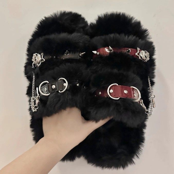 [现货秒发]Higano原创厚底冬日毛毛拖鞋女厚底暗黑系朋克Lolita鞋,女鞋,一字拖,淘宝优惠券,粉丝福利购,淘宝优惠卷