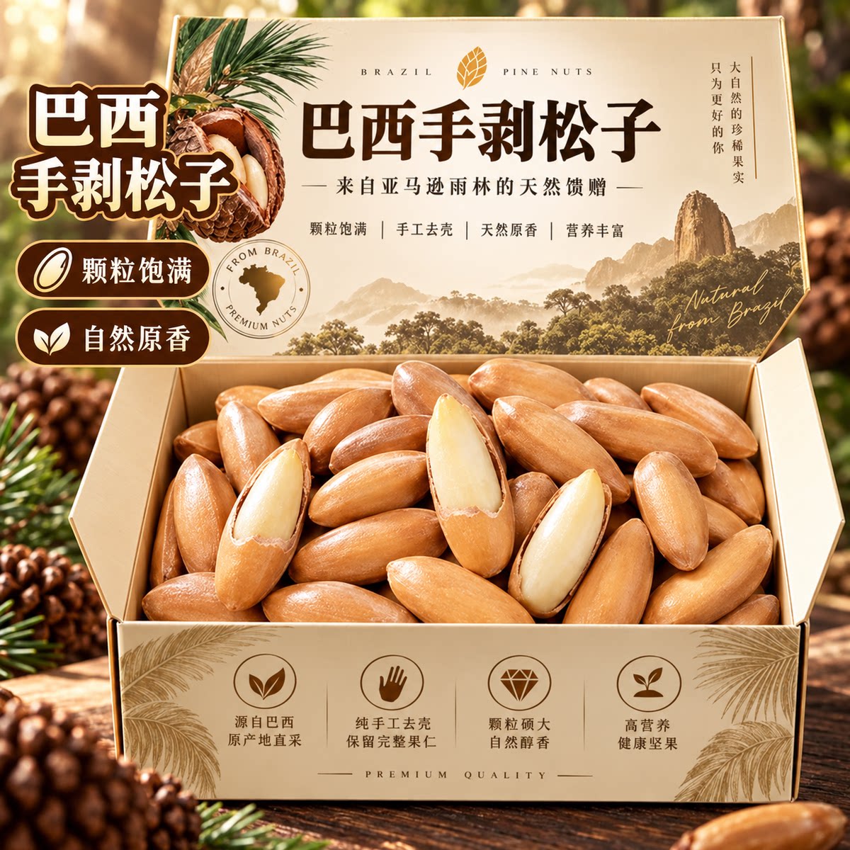 大颗巴西松子新鲜长粒松子无熏硫