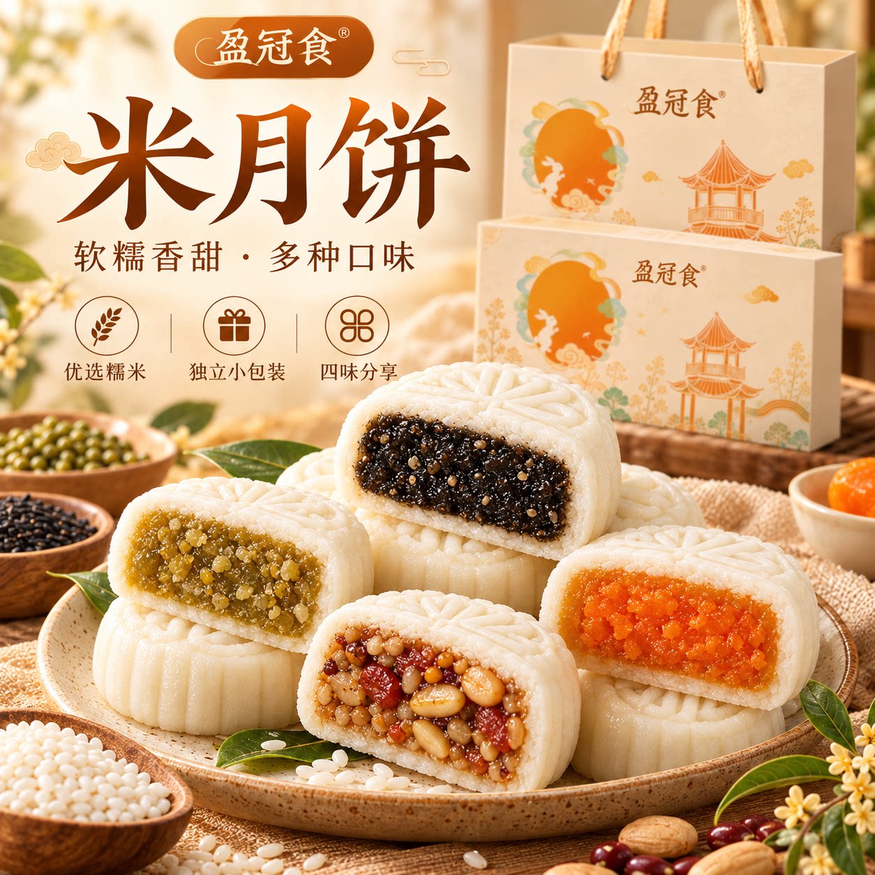 中秋节米月饼礼盒软糯香甜四味