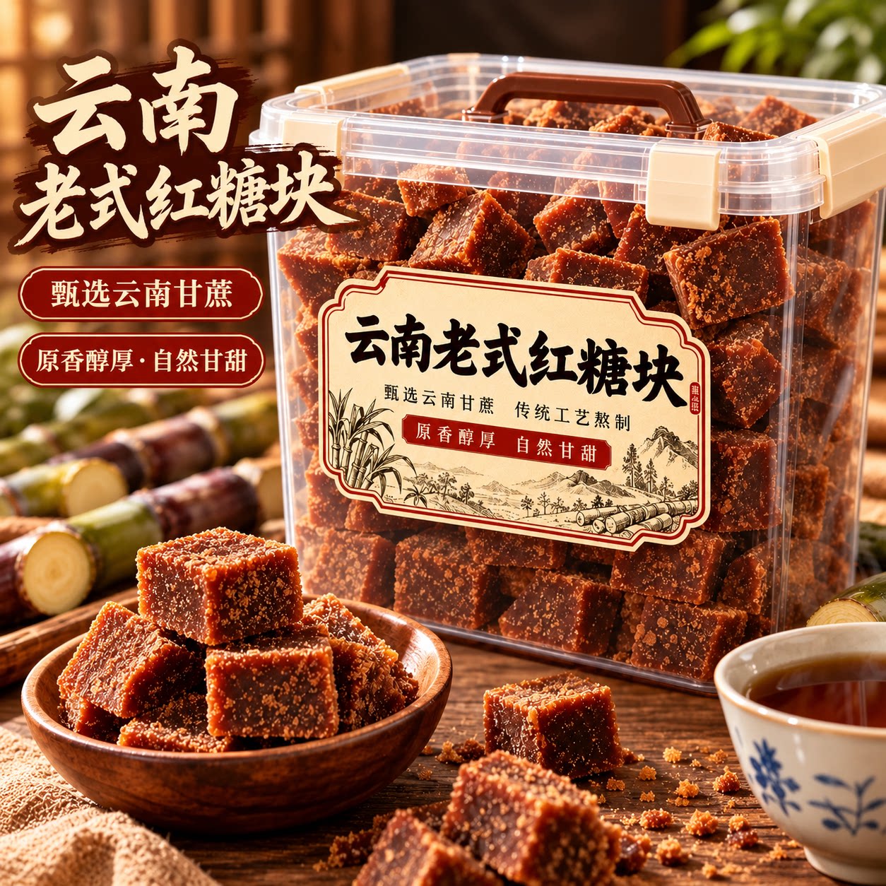 纯蔗红糖块云南古法手工甘蔗红糖