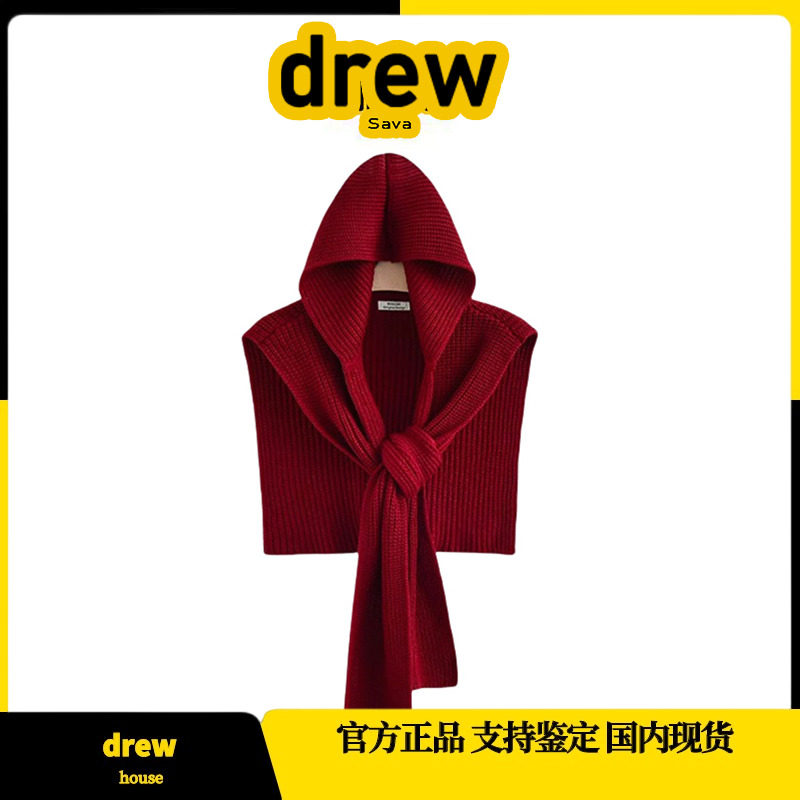 正品Drew Sava笑脸条纹针织连帽披肩女秋冬保暖围巾外搭坎肩围脖