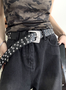美式全孔y2k皮带女款辣妹朋克免打孔宽裤带装饰黑色铆钉嘻哈腰带