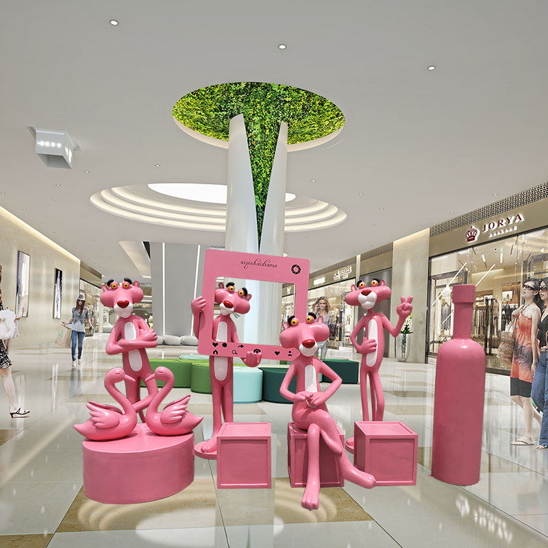 粉红豹网红奶茶门店店铺装饰卡通大型玻璃钢雕塑商场大型美陈摆件