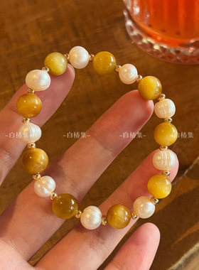 复古金虎眼石串珠手链美拉德轻奢小众设计高级感天然淡水珍珠手串