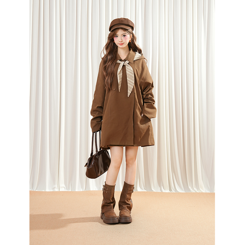 秋日序曲 兔耳朵可拆卸中长款风衣女韩版宽松休闲百搭设计感外套