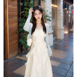 时尚 韩系甜美法式 吊带连衣裙子女夏季 收腰显瘦气质仙女长裙子套装