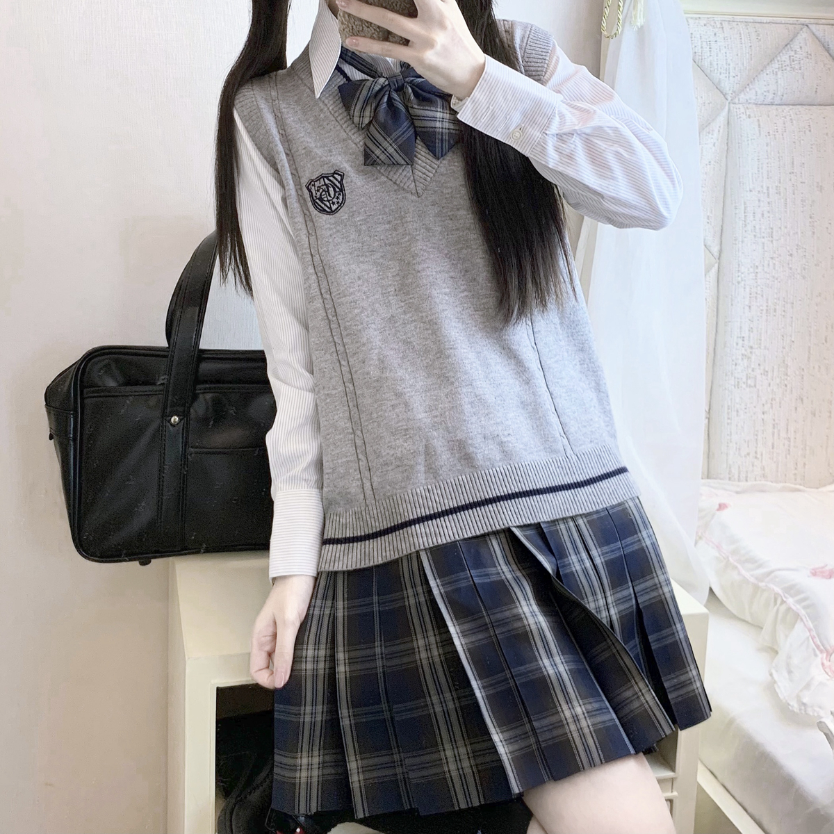 针织背心JK毛衣套装花灰色