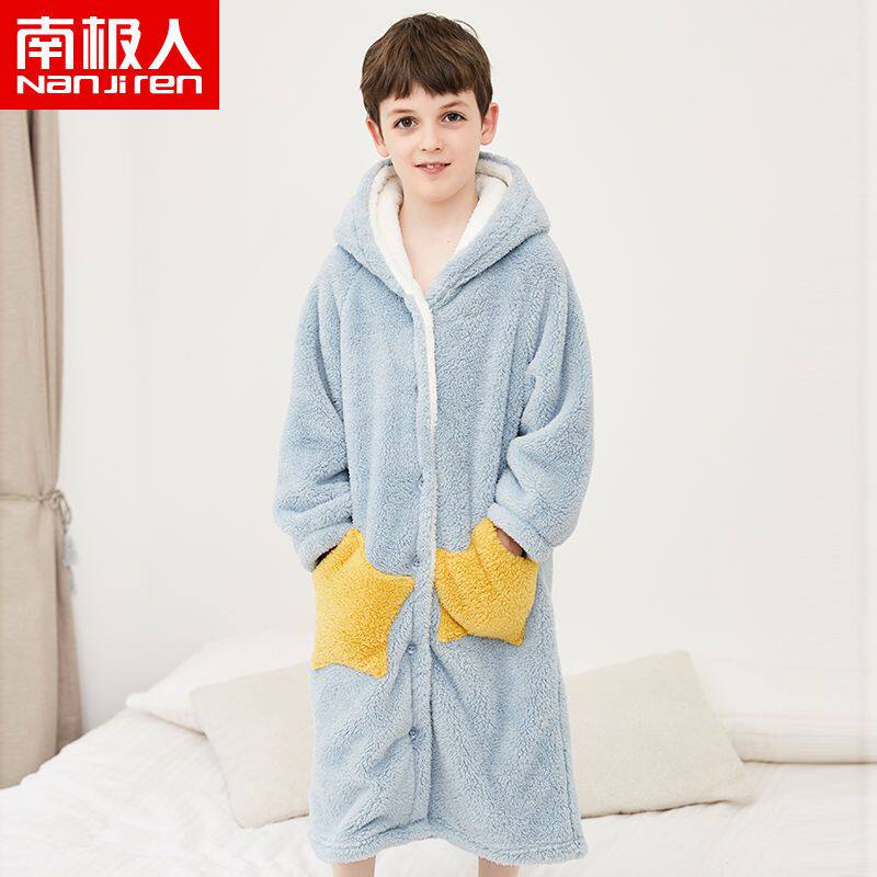 儿童睡袍秋冬季男童中大童珊瑚绒家居服女童浴袍加厚法兰绒