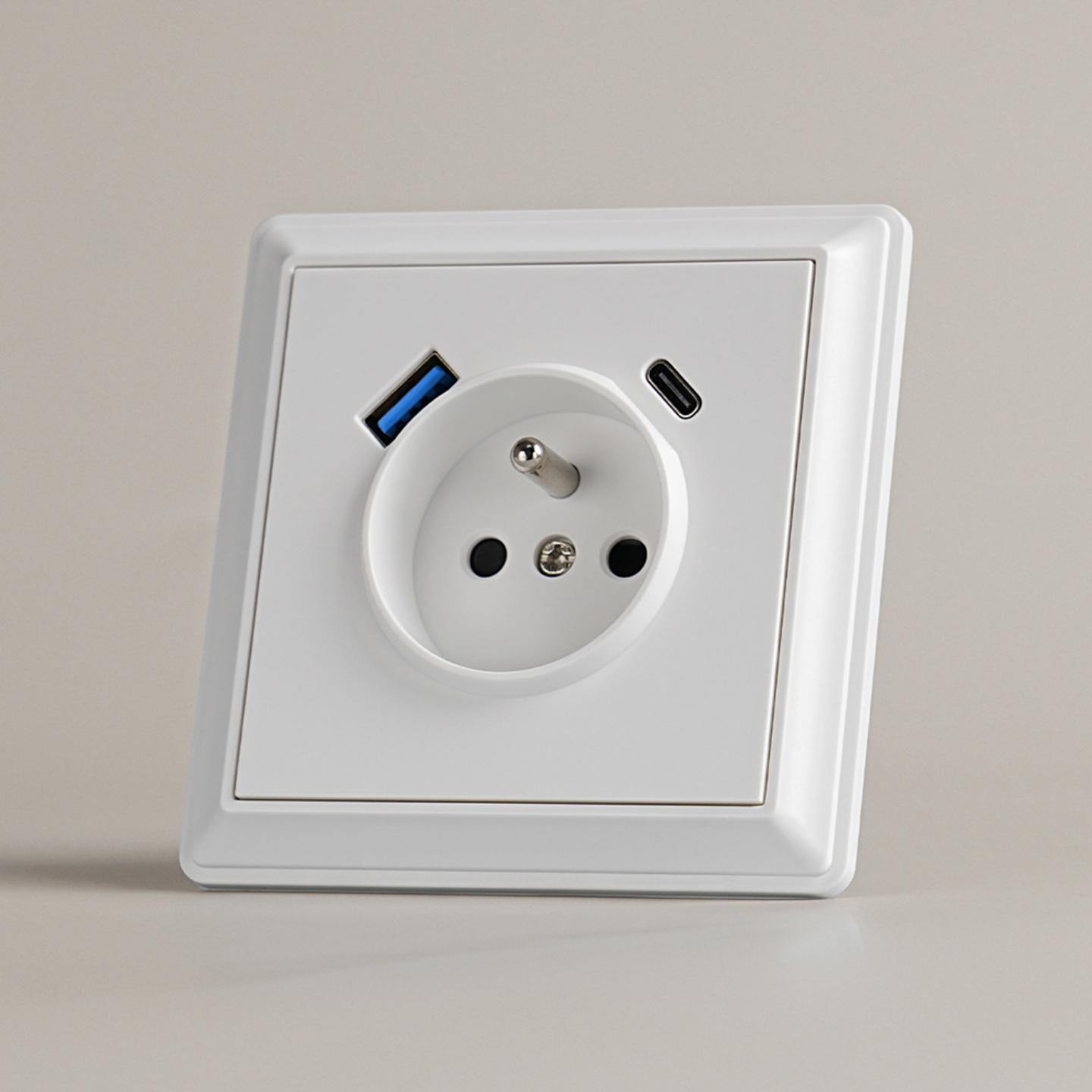欧式墙壁插座欧规法国插座快充PD 20W法插USB-A和Type-C 250V 16A