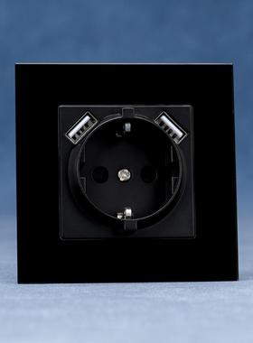 黑色schuko socket欧标CE钢化玻璃86型德插16A墙壁插座开关单双控