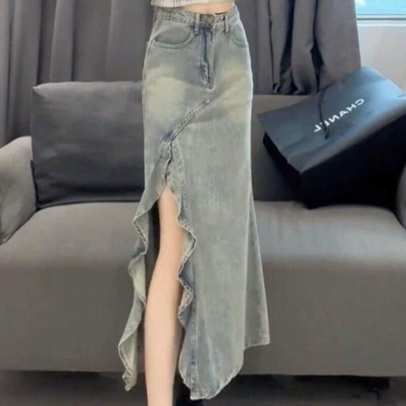 大尺码高腰不规则牛仔鱼尾半身裙女夏季胖mm小个子a字长版包臀半