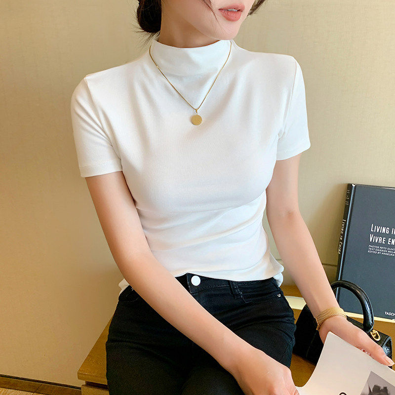 半糖温柔衣馆小个子白色短袖T恤女春夏2026年新款半高领气质修身