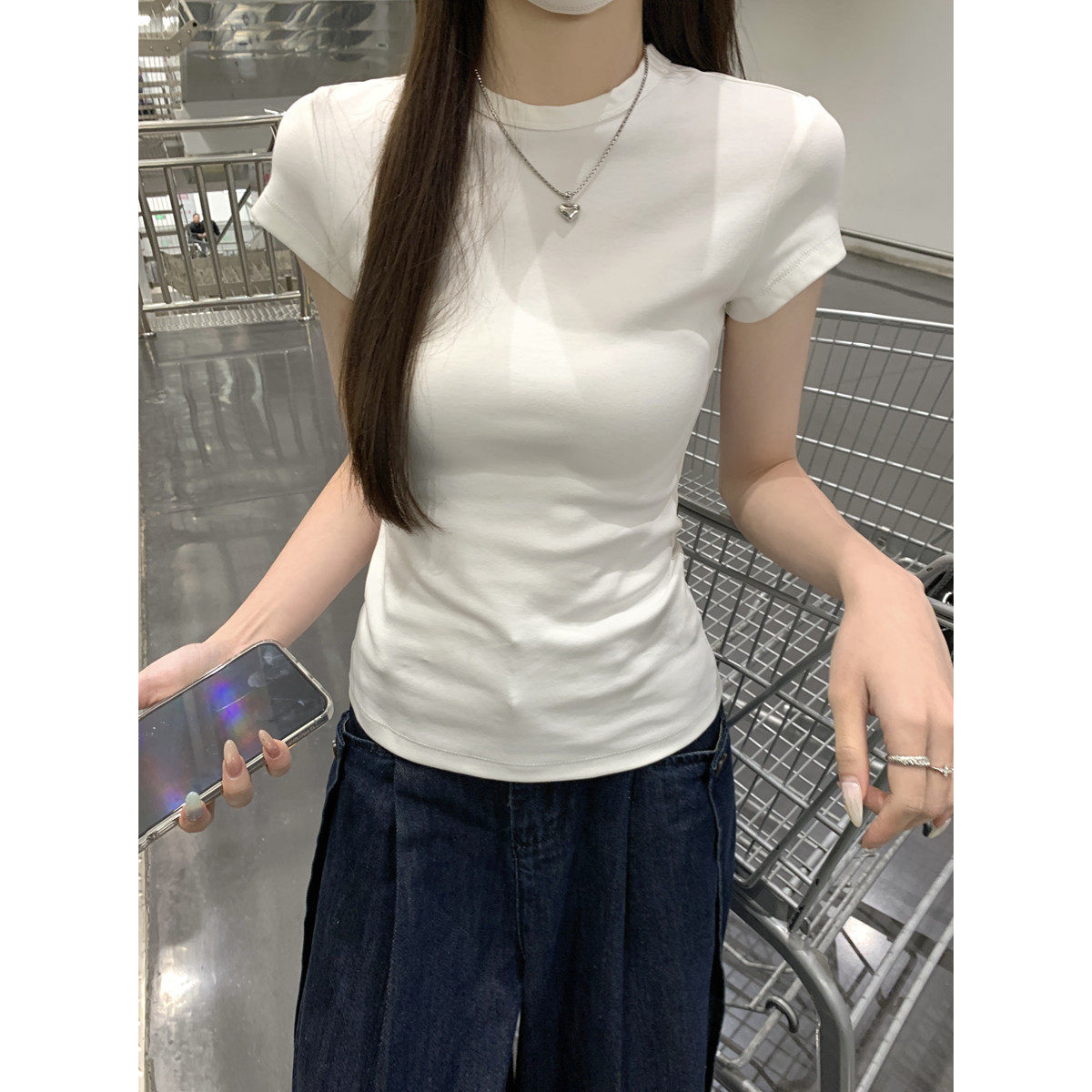 半糖温柔衣馆小个子白色圆领正肩短袖T恤女 2025夏季纯棉设计上衣